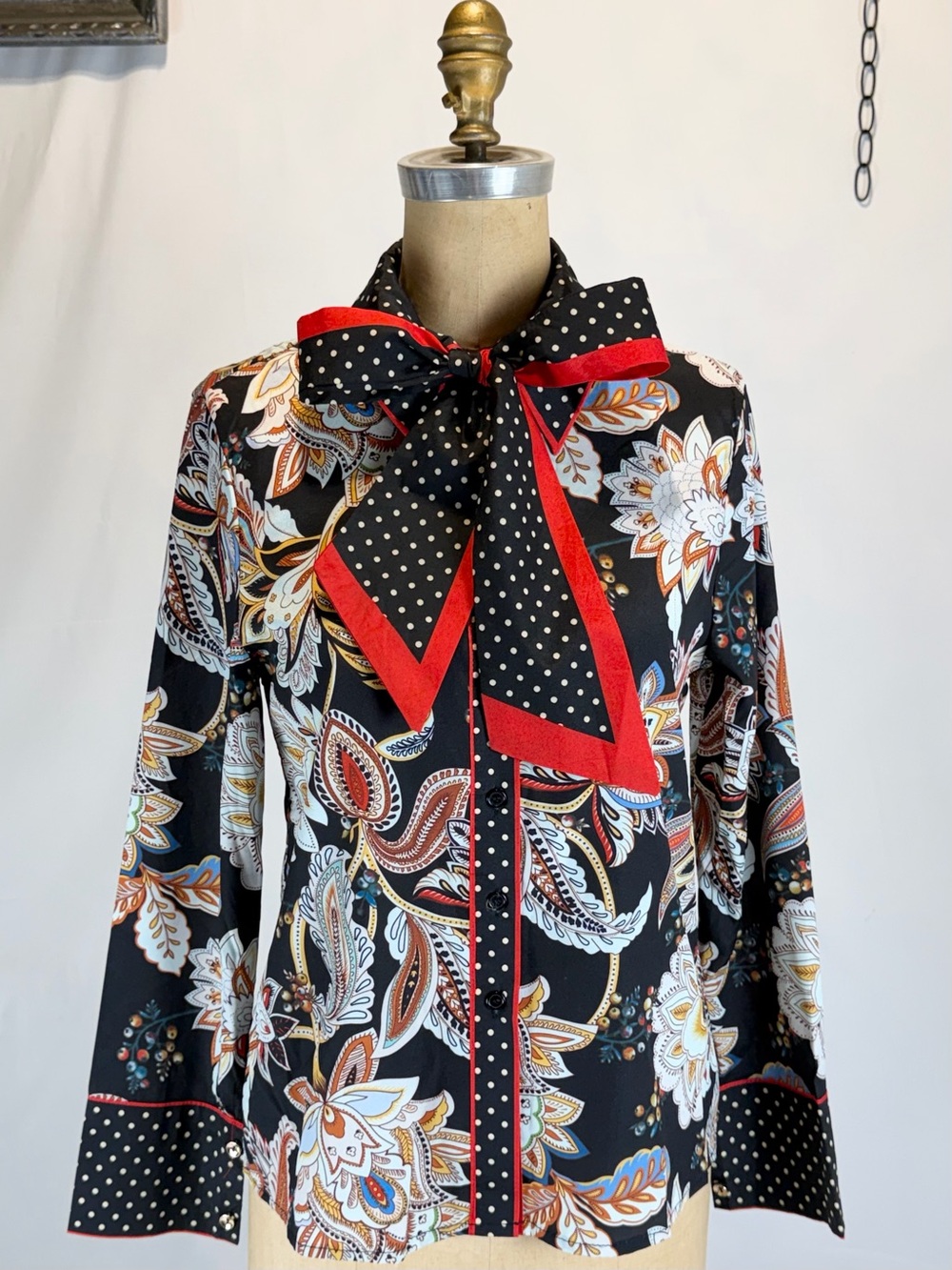 VINTAGE 80s bow blouse polka dot floral flower mix print tie belt paisley bold - Picture 6 of 9